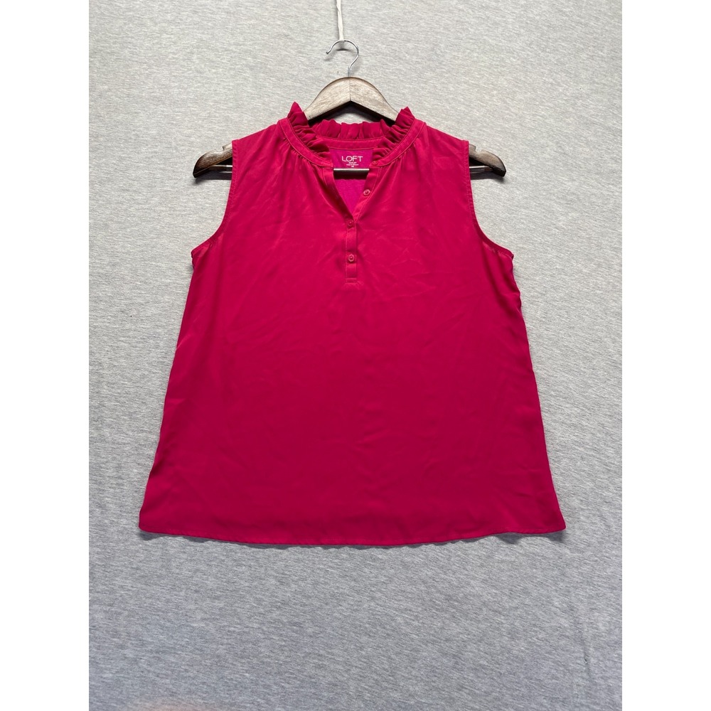Loft Outlet Crepe Blouse Top Womens XS Hot Pink Rayon Ruffle Trim Button Front